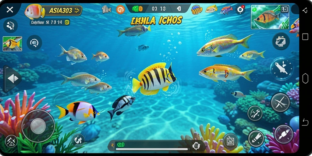 Tampilan gameplay seru ASIA303 dengan ikan beragam.