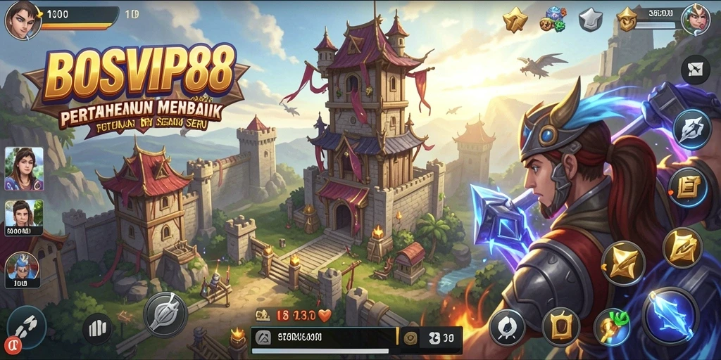 Tampilan gameplay seru <strong>BOSVIP88</strong> menyoroti aksi menara pertahanan yang strategis.