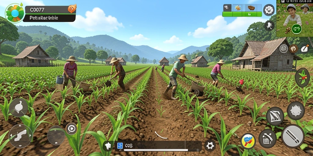 Tampilan gameplay C0077 yang menampilkan aktivitas pertanian yang penuh warna.