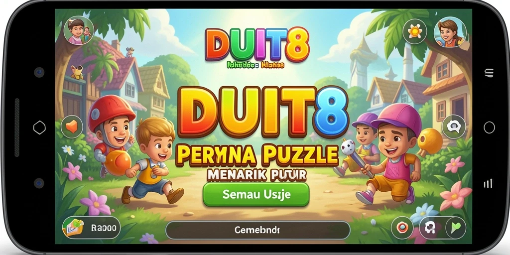 Tampilan gameplay DUIT8 dengan teka-teki menarik dan karakter cerah.
