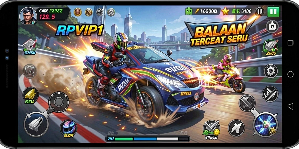 Tampilan gameplay RPVIP1 dengan aksi balapan yang mendebarkan.