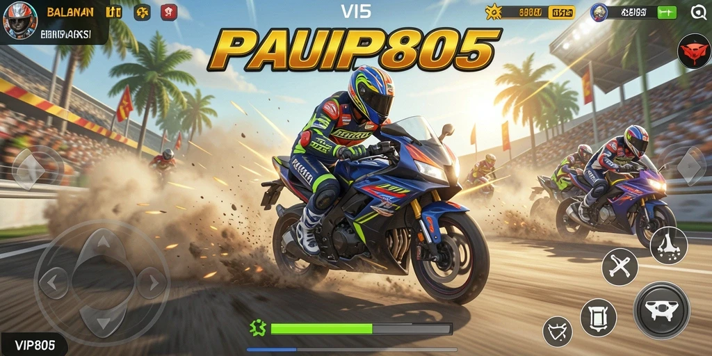 Tampilan gameplay balapan motor yang mendebarkan dari VIP805.